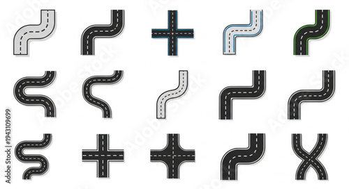 Road Elements Collection - Vector Illustration of Asphalt Road Sections.