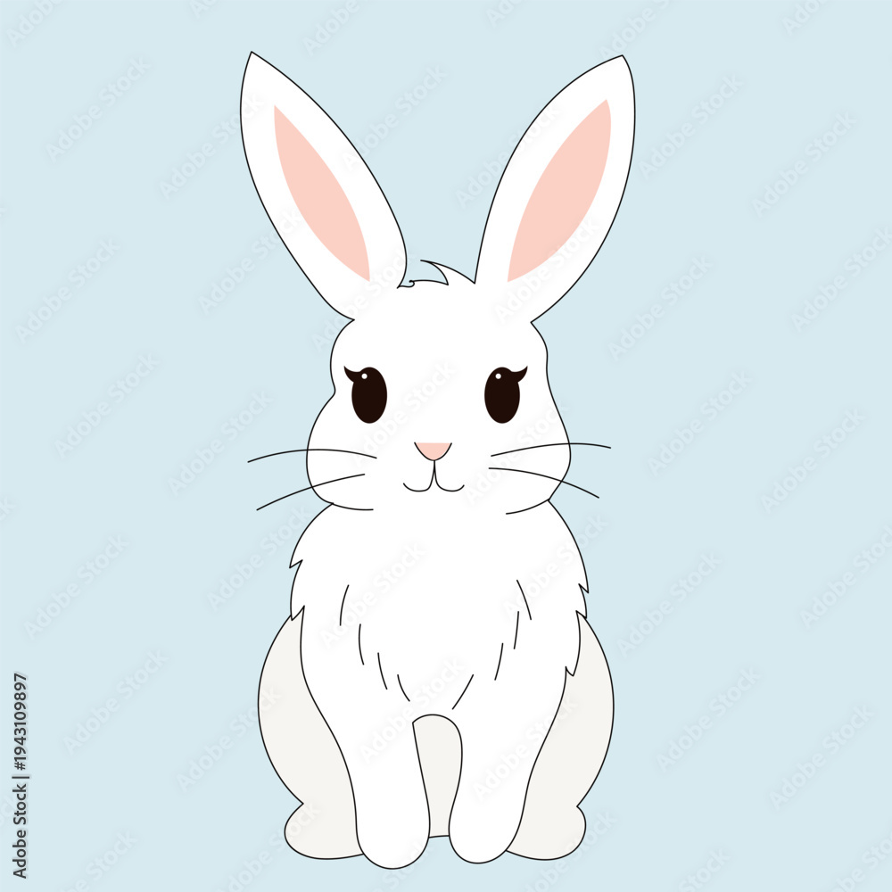 Obraz premium White Easter Rabbit Isolated on Soft Pastel Background. Cute Cartoon Bunny Character. Traditional Easter Egg Hunt Mascot Illustration. Positive Happy Kawaii Animal Illustration.