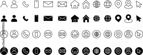 Business card, visiting card icon in various style . Home, location, call, website, mail, contact, click and message icon vector set. 