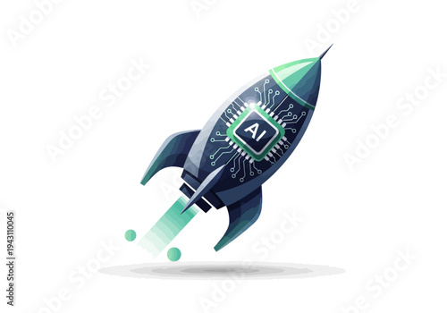 AI Rocket Launching into Space Concept.