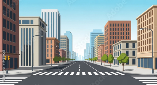 Cityscape Illustration - Urban Street with Buildings and Crosswalk.
