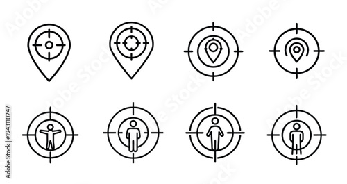 Target and location pin outline icon set featuring person focus and map point for audience reach and business navigation and more vector illustration or editable stroke