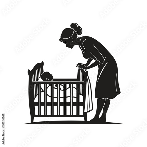 Woman in a Long Dress Tucking a Child into a Wooden Crib for Bedtime