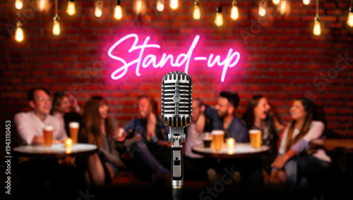 Retro microphone on stage with neon stand-up sign and audience in comedy club setting for entertainment events and promotional use