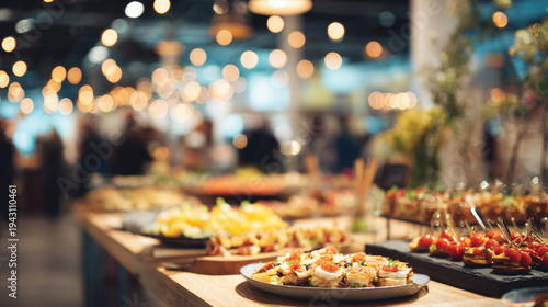 Blurred shot of business people at corporate catering event with delicious food on the table