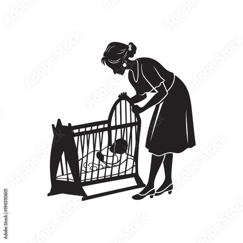 Caring Woman in a Long Dress Looking After a Baby Resting in a Crib