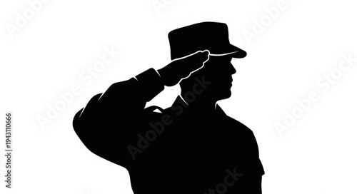 Military Officer Saluting Silhouette Profile.