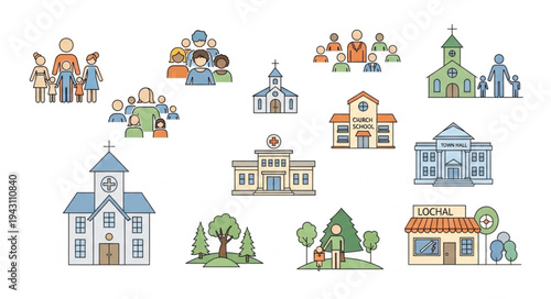 Community Buildings and People Illustrations - A Diverse Collection.