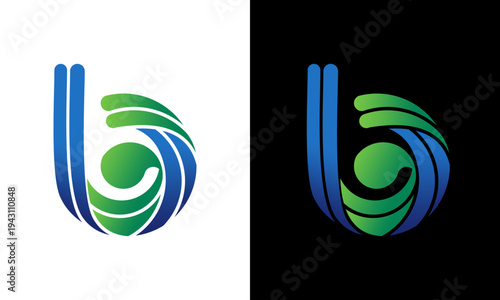 A stylized green and blue swirling logo appears on a white and black background.