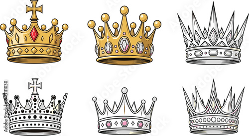 Golden and Silver Royal Crown Collection with Precious Gemstones and Jewels for Elegant Branding, Award Designs, Wedding Invitations, and Luxury Vector Graphics