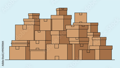 Large pile of brown cardboard shipping boxes of various sizes stacked together on a soft light blue background.