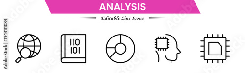 Analysis icons depicting data evaluation, charts, graphs, statistics, insights, trends, reports, metrics, research, assessment, monitoring, performance, strategy, decision-making, and review.

