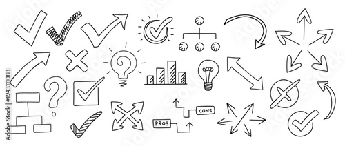 Vector set of hand-sketched decision-making icons, including checkmarks, X marks, arrows, question marks, and flow diagrams, arranged neatly on transparent background.