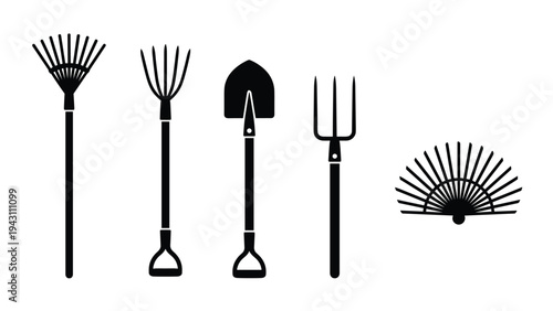 Black silhouettes of essential gardening tools including a rake pitchfork shovel and fan rake for outdoor work.
