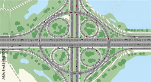 Aerial View of a Cloverleaf Interchange with Green Spaces.