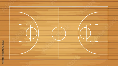 Complete overhead view of a basketball court shows the wooden floor boards and all the white game markings and boundaries.