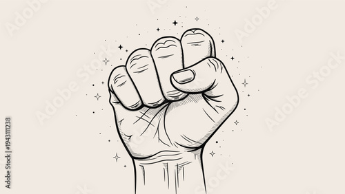 Detailed black and white line drawing of a clenched raised fist surrounded by stars and sparkles on a light beige background.