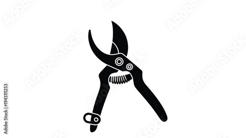 Solid black silhouette of a pair of gardening pruning shears with a spring mechanism is isolated on a white background.