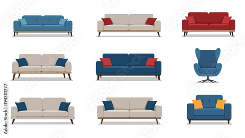 Variety of modern sofas and armchairs in different colors including blue, red, and beige are arranged in a three-by-three grid.
