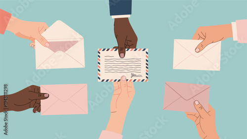 Group of people with different skin tones are seen from above reaching out their hands to exchange or deliver various envelopes.