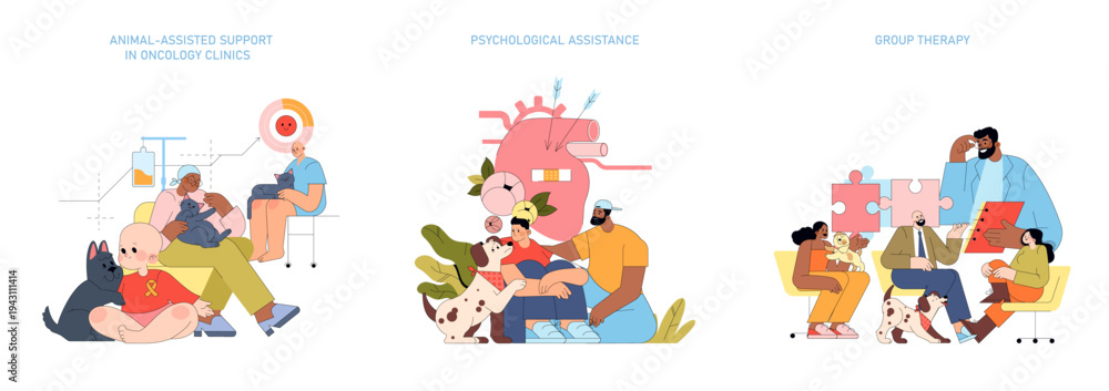 Fototapeta premium Animal-Assisted Therapy and Group Therapy Vector Illustration