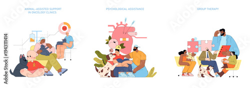Animal-Assisted Therapy and Group Therapy Vector Illustration