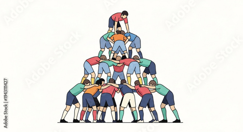 Large human pyramid soccer team players forming tower vector illustration