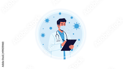 Professional doctor wearing a protective face mask and holding a medical clipboard while surrounded by virus icons in a circular frame.