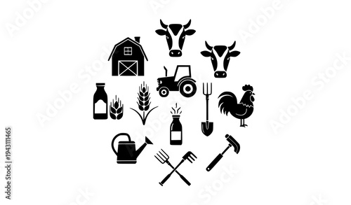 Agriculture farm black silhouette icon collection vector set isolated on white