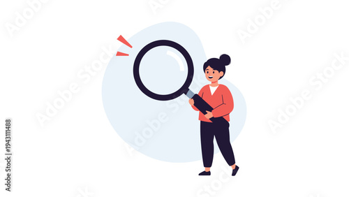 Young woman exploring with a large magnifying glass illustration representing search discovery and inspection in a modern flat style.