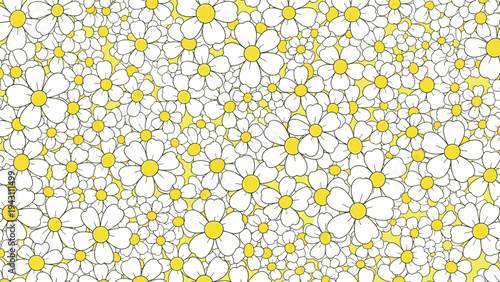 Dense field of white daisy flowers with bright yellow centers creating a vibrant and cheerful floral pattern covering the entire frame.