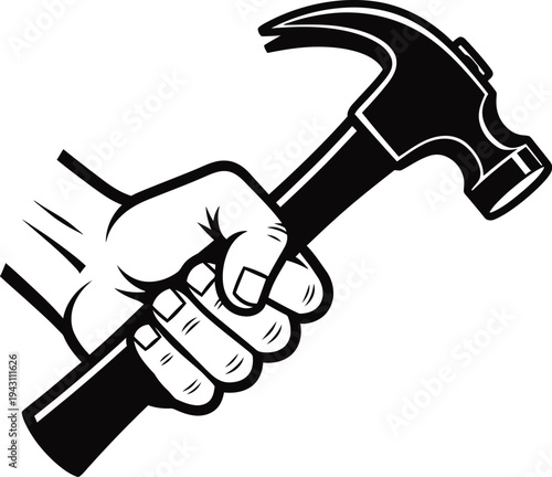 A hand holding a hammer in a firm grip for construction work