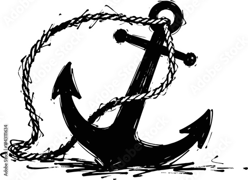 Black silhouette of classic anchor with coiled rope, nautical maritime symbol for stability and security