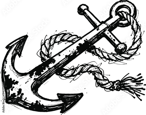 Vintage anchor with rope illustration nautical maritime symbol, old fashioned ship equipment design