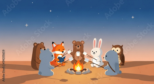 Forest animals around glowing campfire on starry beach night vector illustration