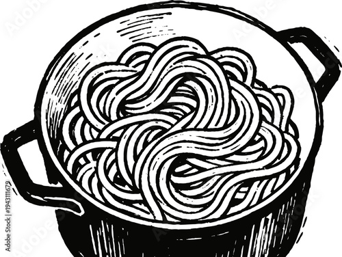 Boiling spaghetti noodles in a pot with handles, simple black and white line drawing illustration