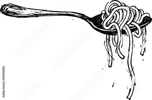 Fork with twisted spaghetti noodles, italian pasta food sketch illustration in black and white