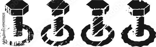 Grunge black metal bolts and nuts set isolated on white background