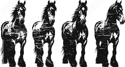 four black silhouette horses with textured distressed effect in different poses