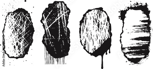 Grunge black paint brush strokes and splatters vector set with distressed texture effects