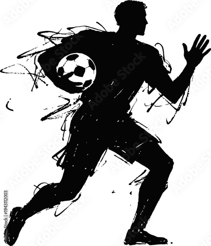Silhouette of soccer player running with ball dynamic sketch drawing illustration