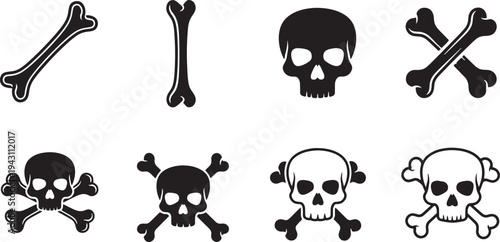 A set of vector line art silhouettes featuring skulls and bones in black and white