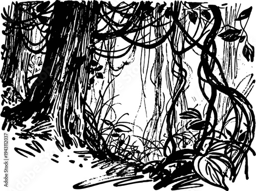 Dense jungle forest illustration with large trees, thick vines, and abundant foliage