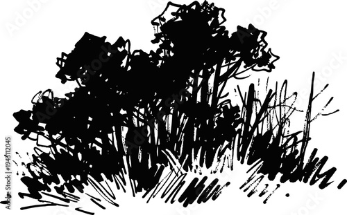 Black silhouette of wild shrub bushes with dense leaves and grass texture