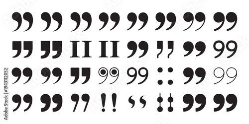 Assortment of quotation marks and related punctuation symbols in black on white background
