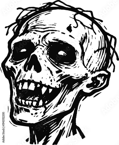 Grinning skull with hollow eyes and rough lines, spooky halloween horror design