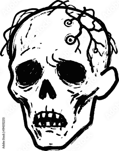 Haunted cracked skull with hollow eyes and stitched mouth creepy horror illustration for halloween and spooky themes