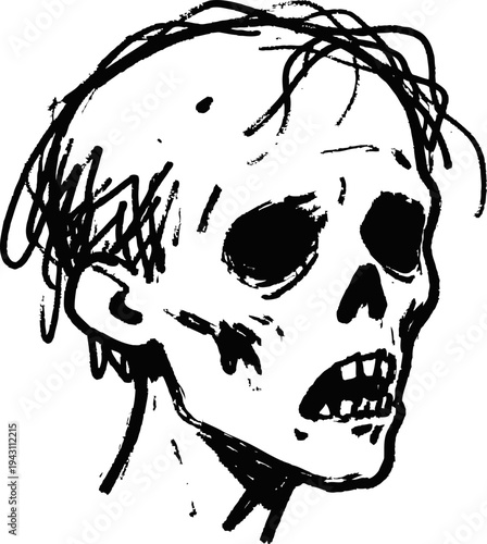 Hand drawn creepy zombie head sketch with hollow eyes and open mouth in black ink