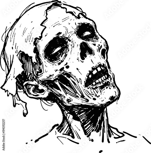 detailed black and white illustration of a decayed zombie head with exposed skull and rotting skin