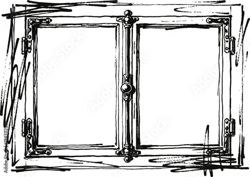 Vintage window frame sketch with latch and hinges classic rustic design outline drawing